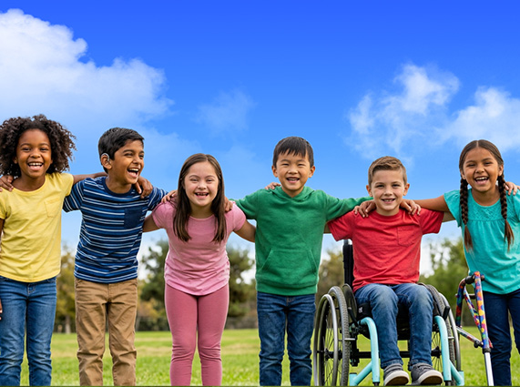 Group of happy kids with diverse abilities